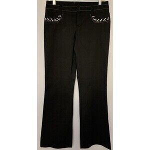 Cache Black Stretch Boot Leg Jeans White Leather Around Front Pockets. Size8.